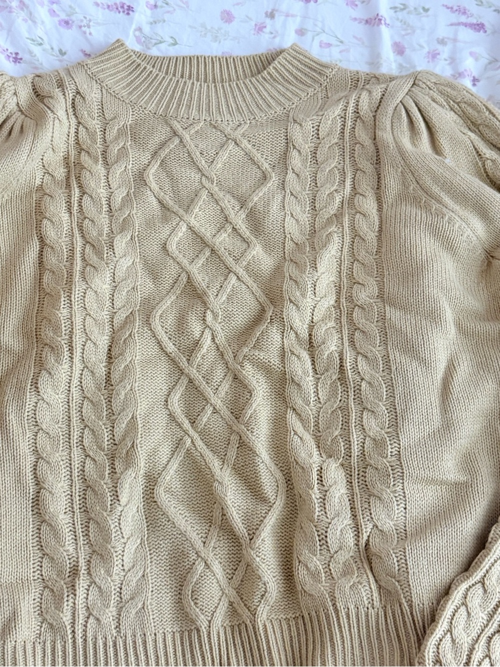 LA MIEL Cream Cable Knit Puff Sleeve Crew Sweater